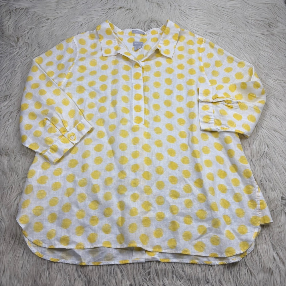 Chico's Women's (3) 16 Yellow White Polka Dot‎ Linen Pop Over Blouse No Iron